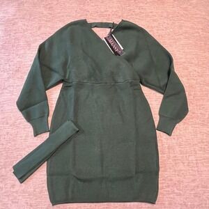 MANSY Women's Green Knit Sweater Mini Dress Long Sleeve Belted Size XL NWT